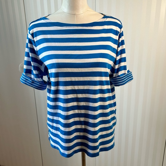 Lauren Ralph Lauren turquoise blue and white striped roll short sleeve Size 2X - Picture 1 of 8